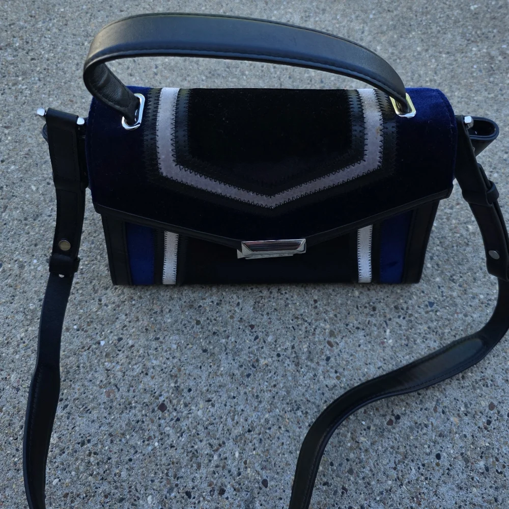 Michael Kors Stylish Black and Blue Velvet Original Leather Handbag Medium